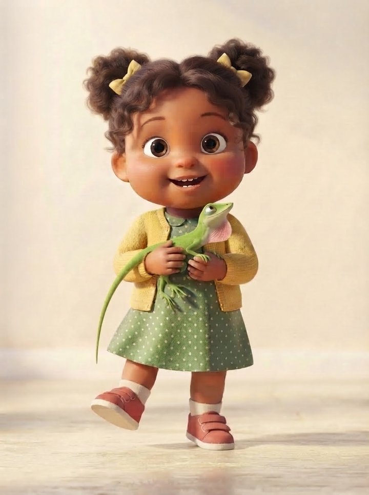 Little Amy, a smiling three-year-old with curly pigtails and yellow bows, in a yellow cardigan and green polka-dot dress, holding Lizzy, her green lizard.