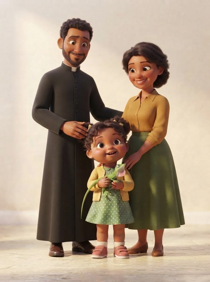 Amy’s family together: Priest Lionel and Maria smiling, with Little Amy and Lizzy in front.