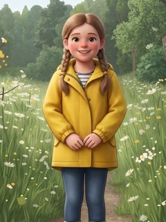 Annika in her yellow raincoat on a spring path.