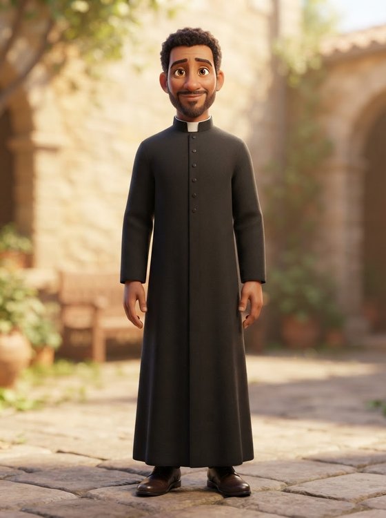 Priest Lionel, Amy’s dad, a smiling bearded man in a black cassock, standing in a sunny stone courtyard.