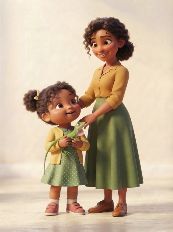Maria, Amy’s mom, with curly dark hair, a mustard blouse and a long green skirt, smiling down at Amy and Lizzy.